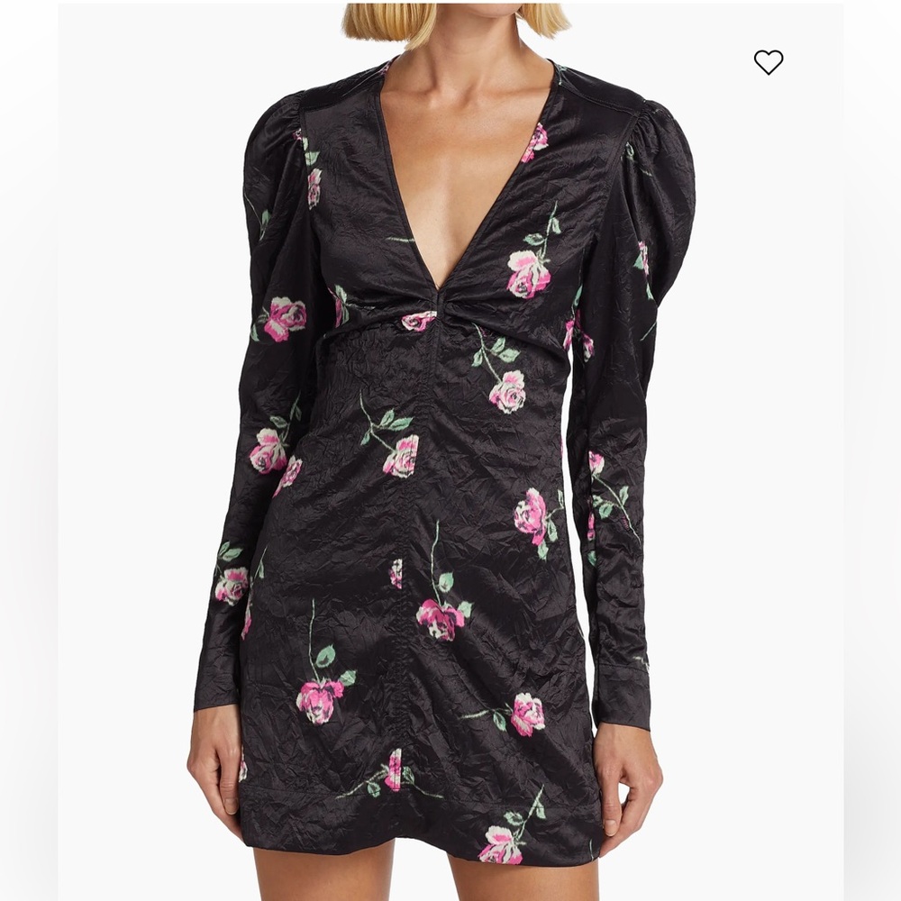 Ganni Black Crinkle Satin Mini Dress with Pink Floral Design Size 2